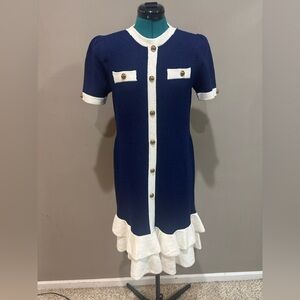 Vintage 1970s Pat Sandler for Wellmore Wool Knit Navy White Ruffle Hem Dress 12